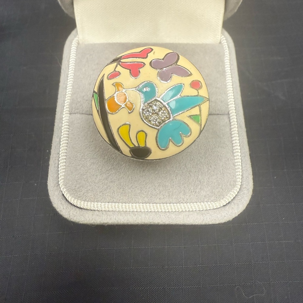 Colorful Enamel Bird butterfly flower Ring size 7 sterling sliver pave stone